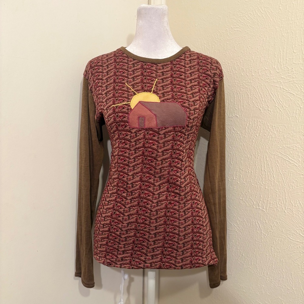 Vintage 70s Landscape Farm House Applique Print Long Sleeve Top Brown Red Sun L